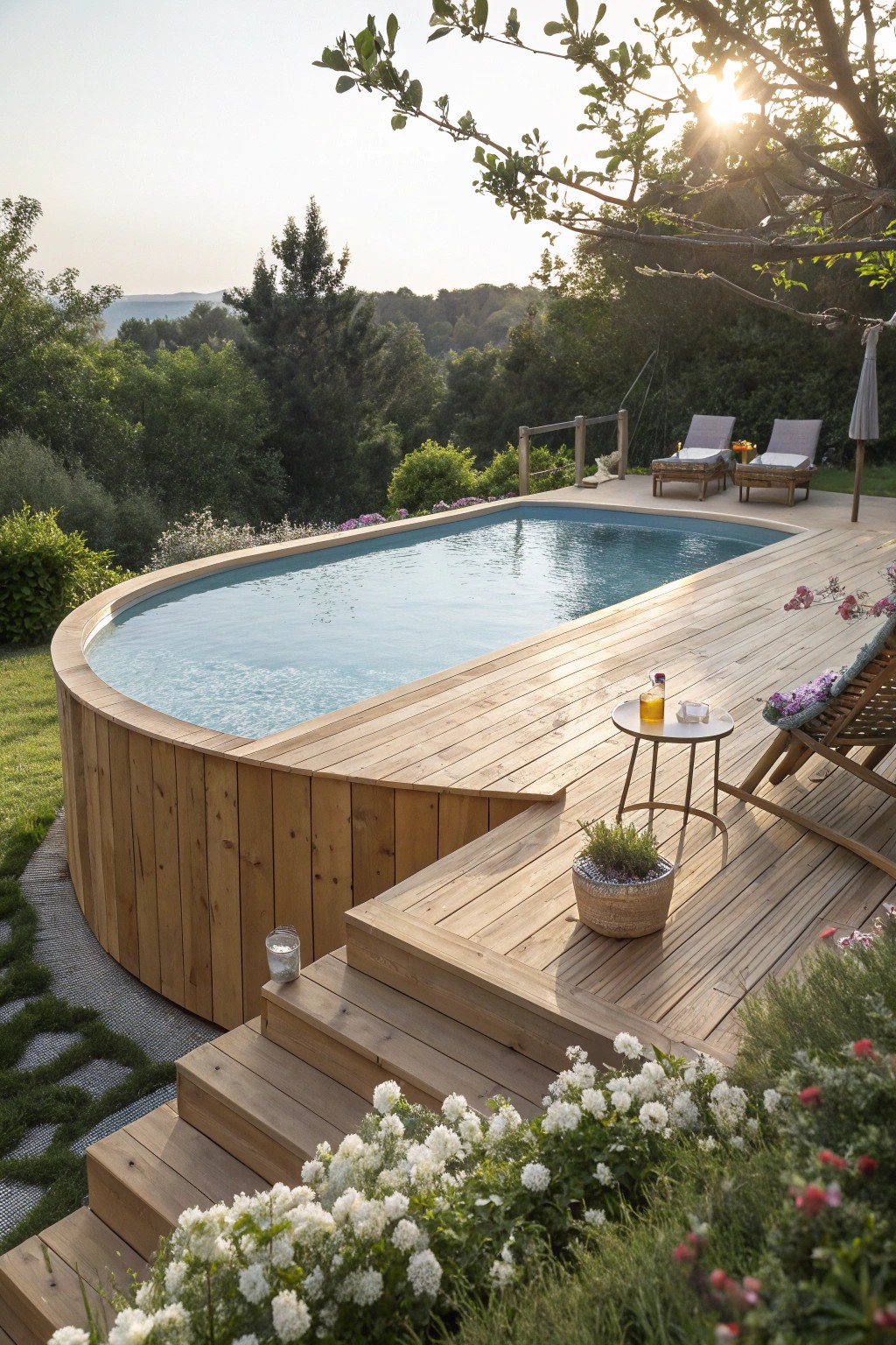 Elevate your summer with a stunning wraparound wooden deck for your above ground pool.