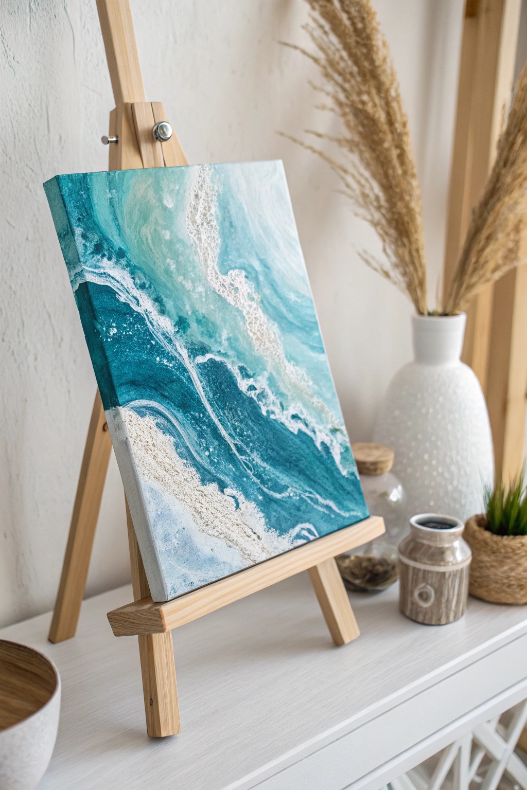 Bring coastal calm to your space with this dreamy ocean wave acrylic pour—where simplicity meets natural beauty.