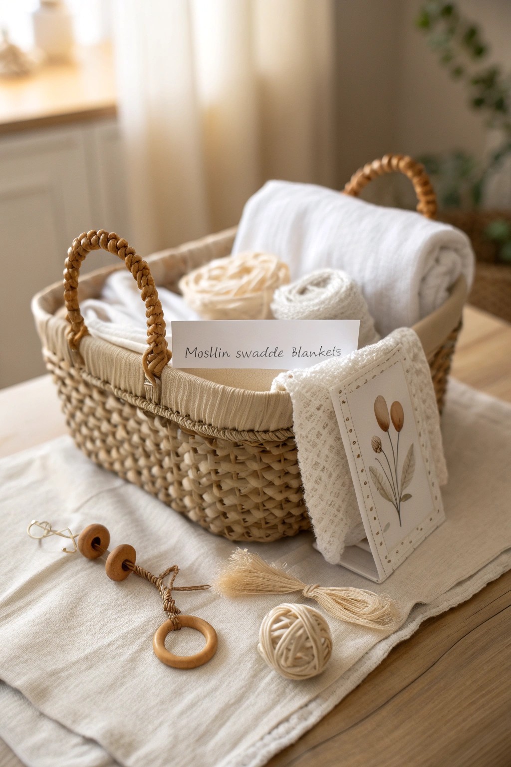 A handcrafted baby gift basket—thoughtful, natural, and made with love.