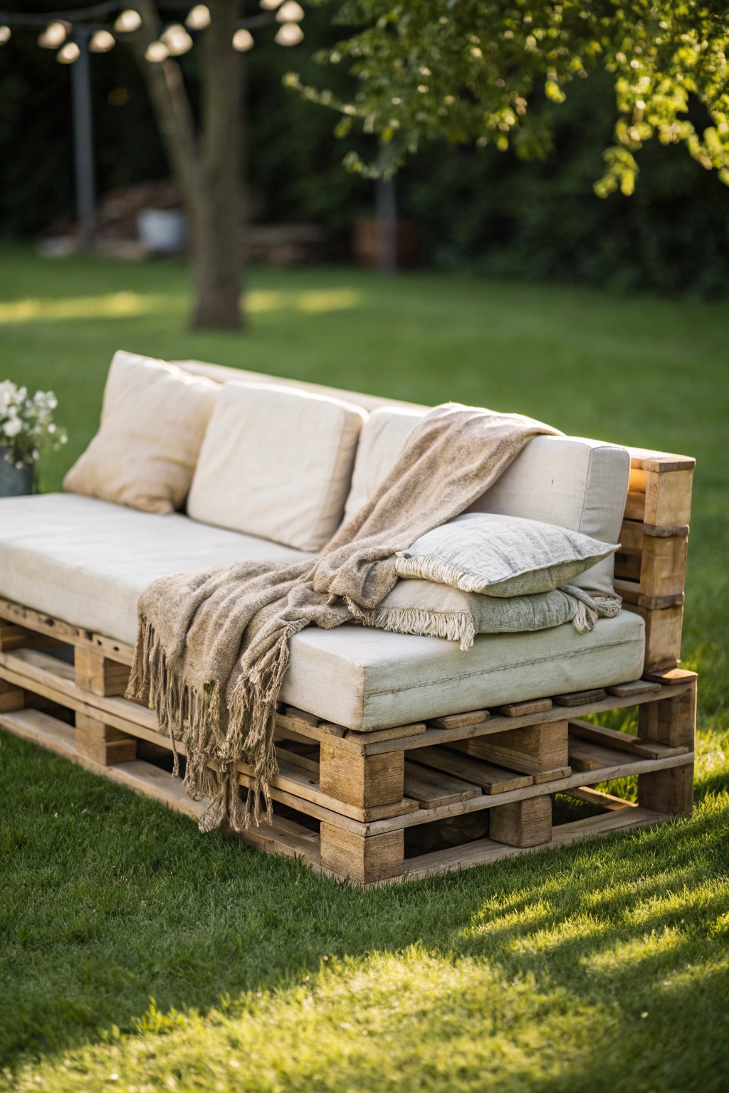 Create your own cozy backyard retreat with a simple, handcrafted pallet sofa.