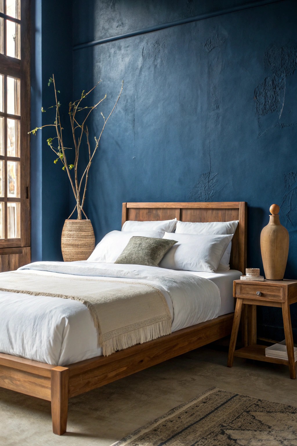 Embrace timeless elegance with a deep blue statement wall—where restful sleep meets modern simplicity.
