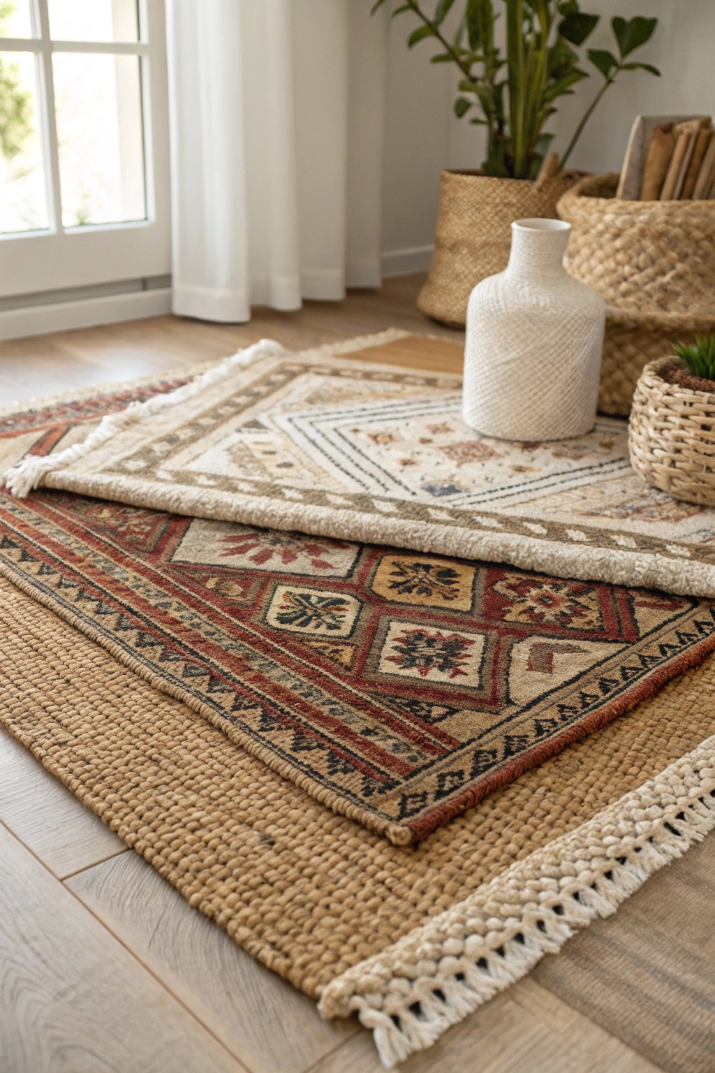 Layered rugs: the artful foundation of a cozy boho retreat.