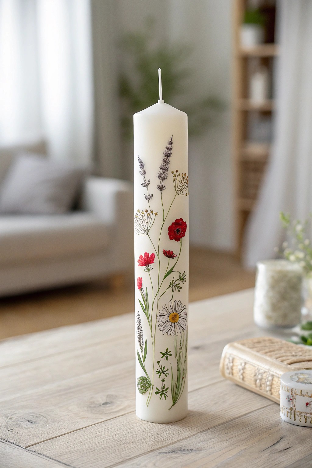 Hand-painted wildflowers turn a simple candle into a meadow-inspired work of art.