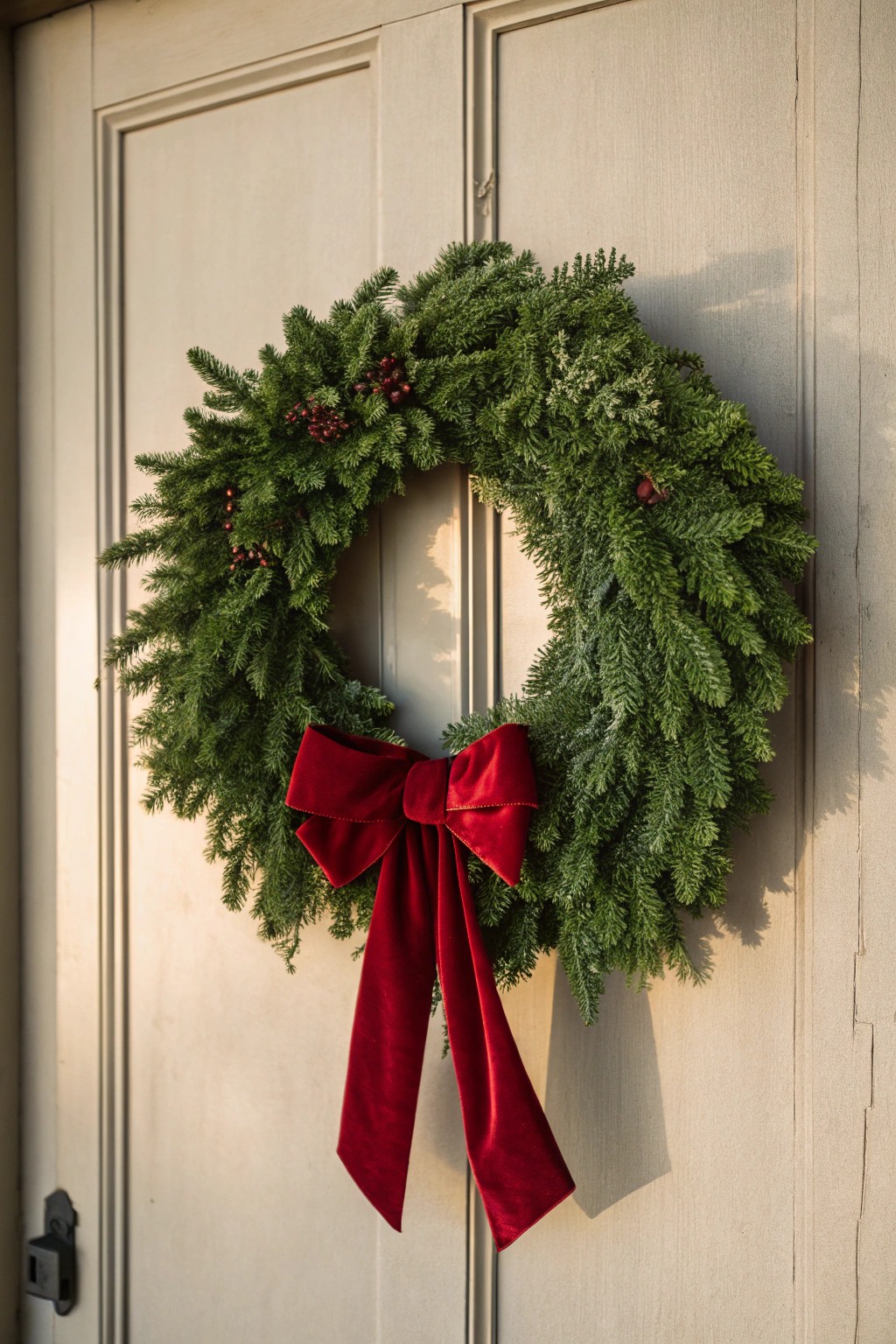 Timeless elegance: a classic evergreen wreath with a bold red bow.