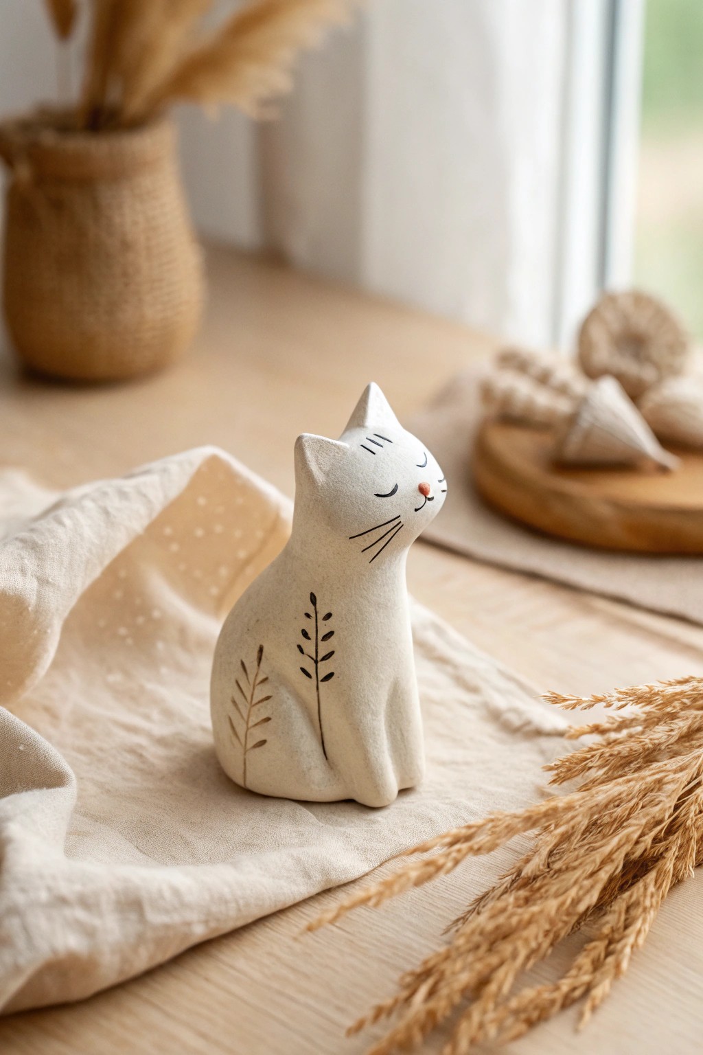 Handcrafted clay cat: a charming mini companion for your shelf.