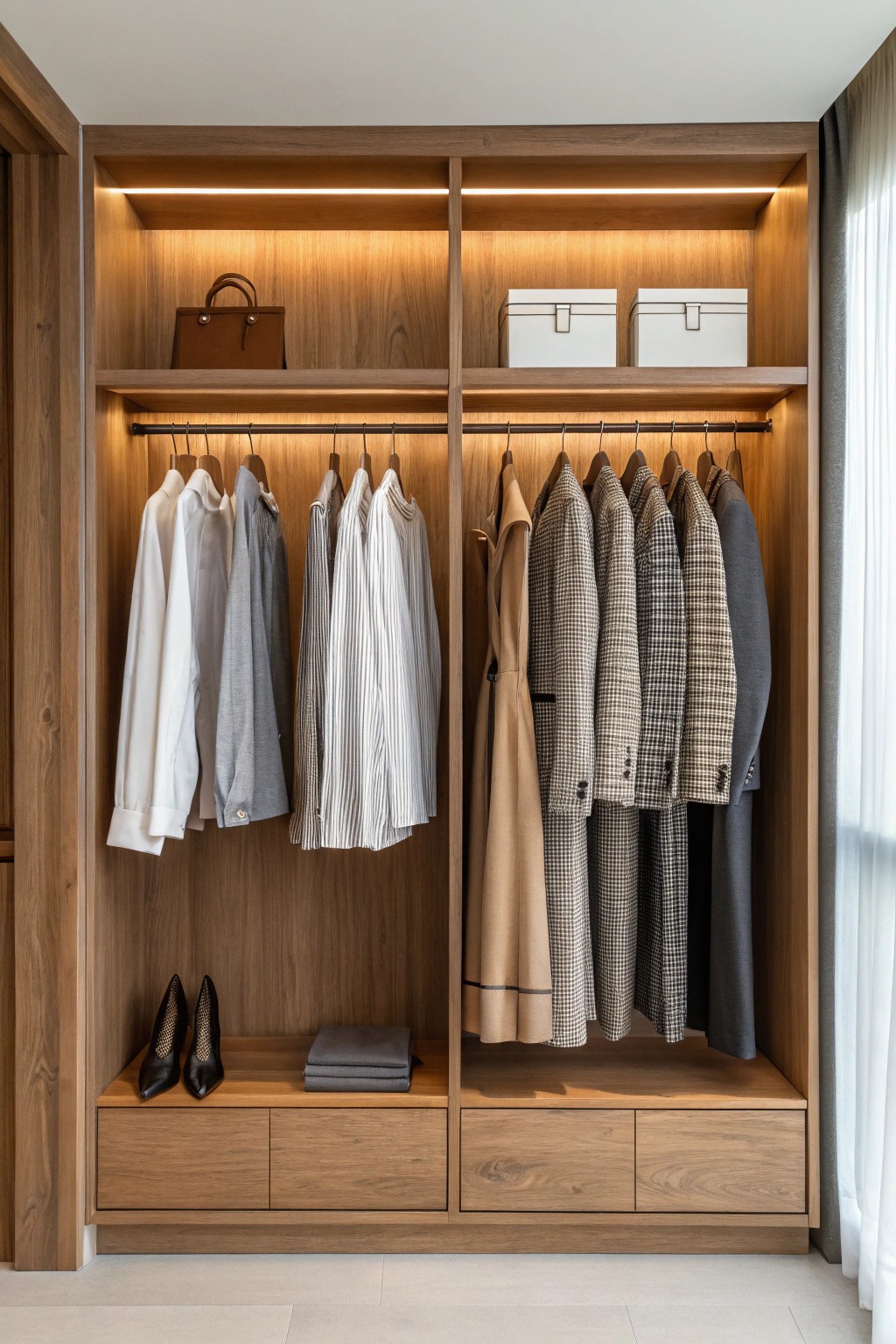 Double your closet space with elegant dual hanging rods.