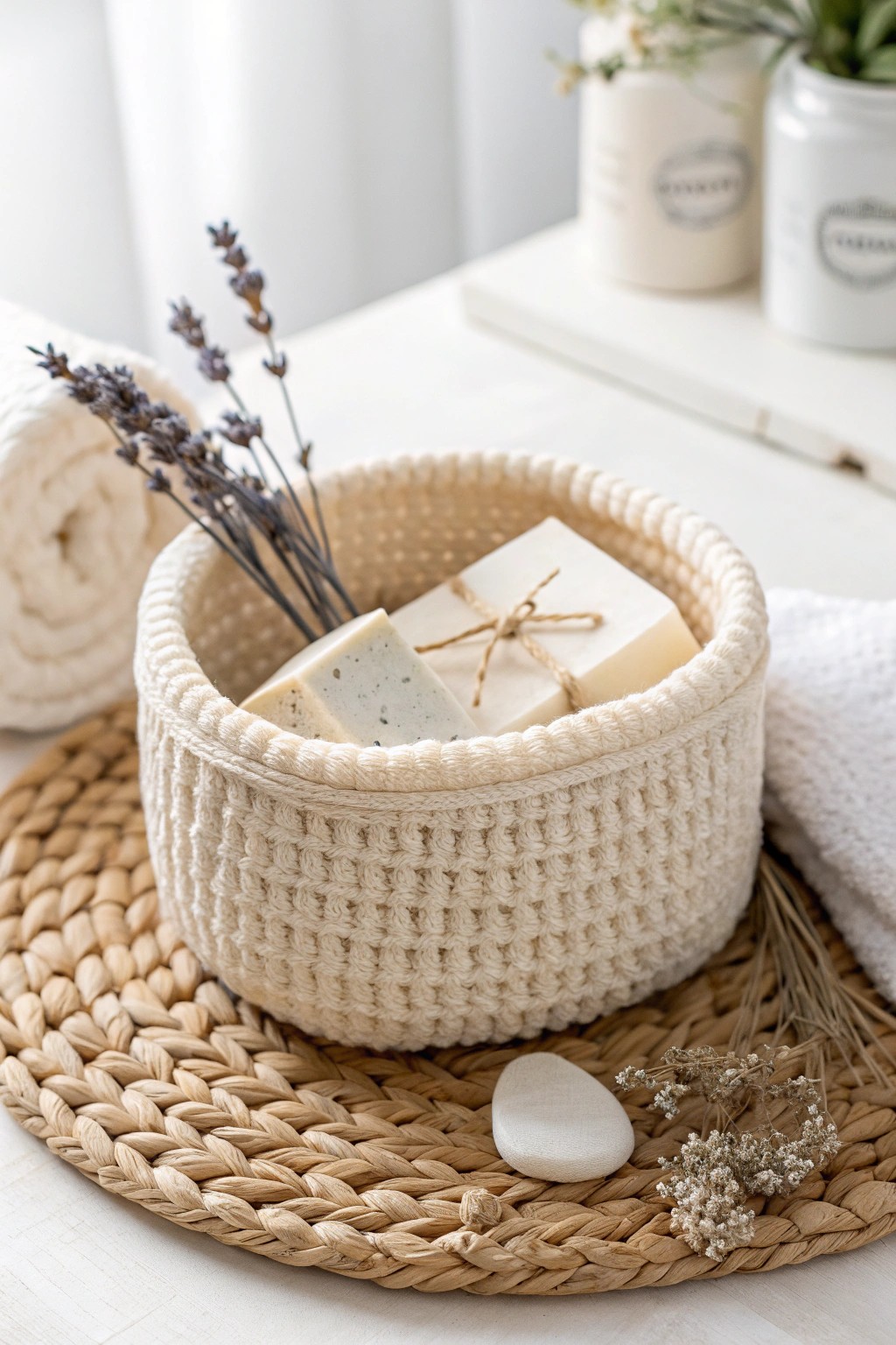Handcrafted crochet basket: simple, chic, and perfect for thoughtful gifting.
