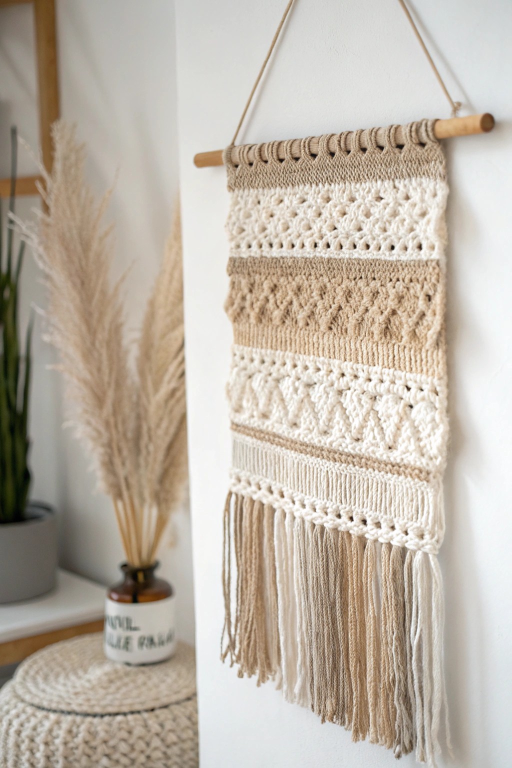 Natural textures meet cozy boho vibes: handmade crochet wall art for your serene space.