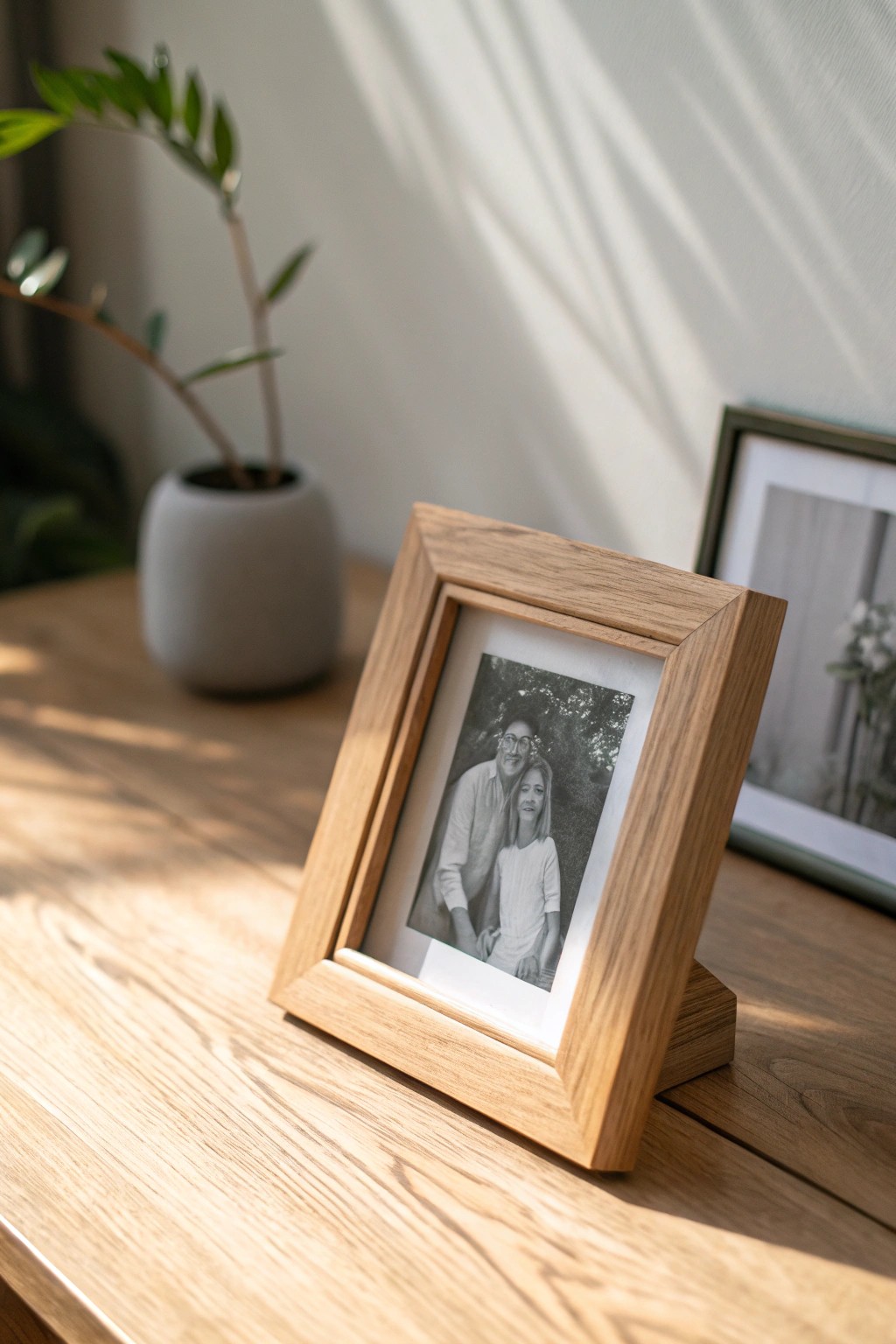 A handcrafted wooden frame brings cherished memories and natural beauty to your workspace.