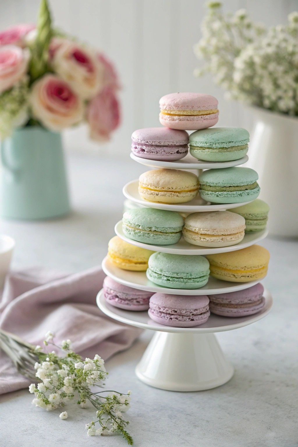 Chic pastel macaron tower—elevate your dessert table with effortless Parisian charm.