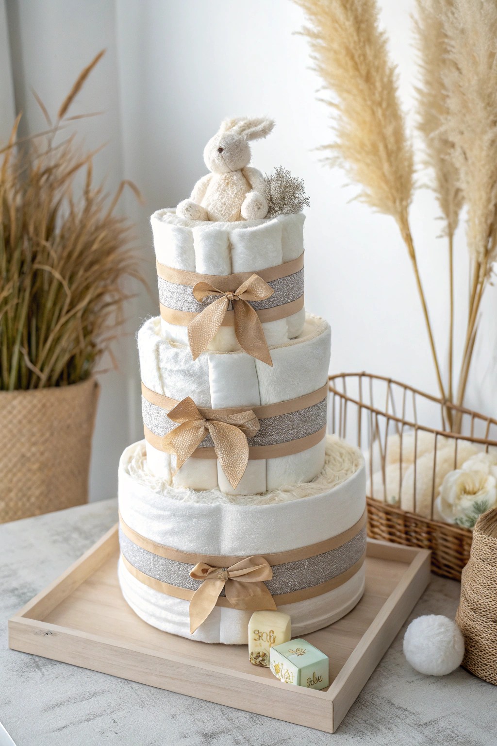 A timeless, handcrafted three-tier diaper cake—Scandinavian simplicity meets boho charm.