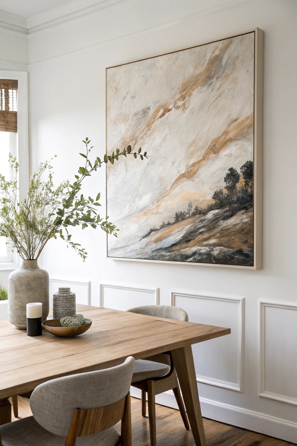 Elevate your dining space with a striking, oversized abstract artwork—where simplicity meets statement.