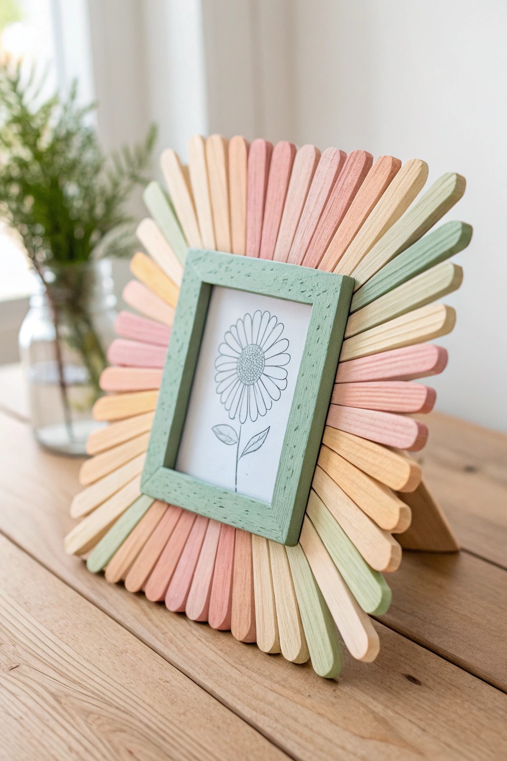 Chic sunburst popsicle stick frame: handcrafted, colorful, and uniquely yours.