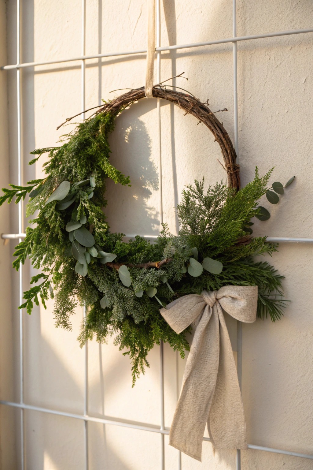 Timeless beauty: a lush, handcrafted greenery wreath with a cozy linen bow.