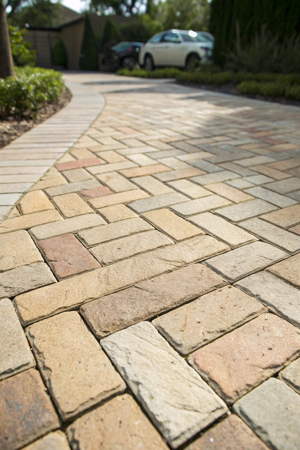 Timeless elegance: Classic herringbone pavers for a refined driveway look.