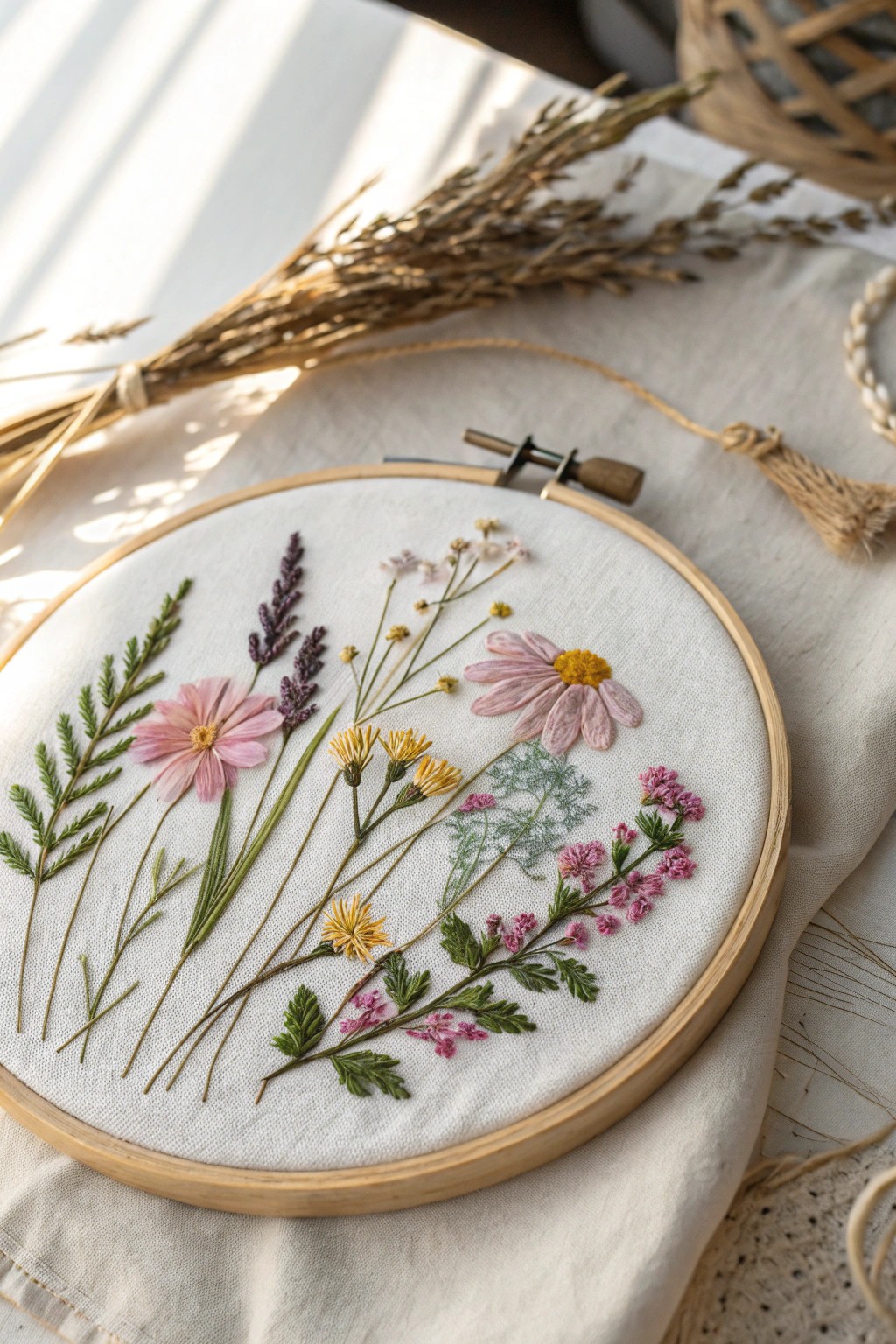 Bring a touch of handcrafted wildflower charm to your space with minimalist embroidery art.