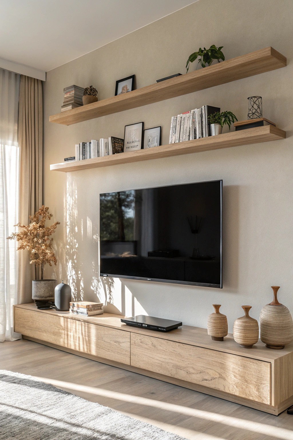 Elevate your space with a sleek wall-mounted TV and beautifully crafted floating shelves.