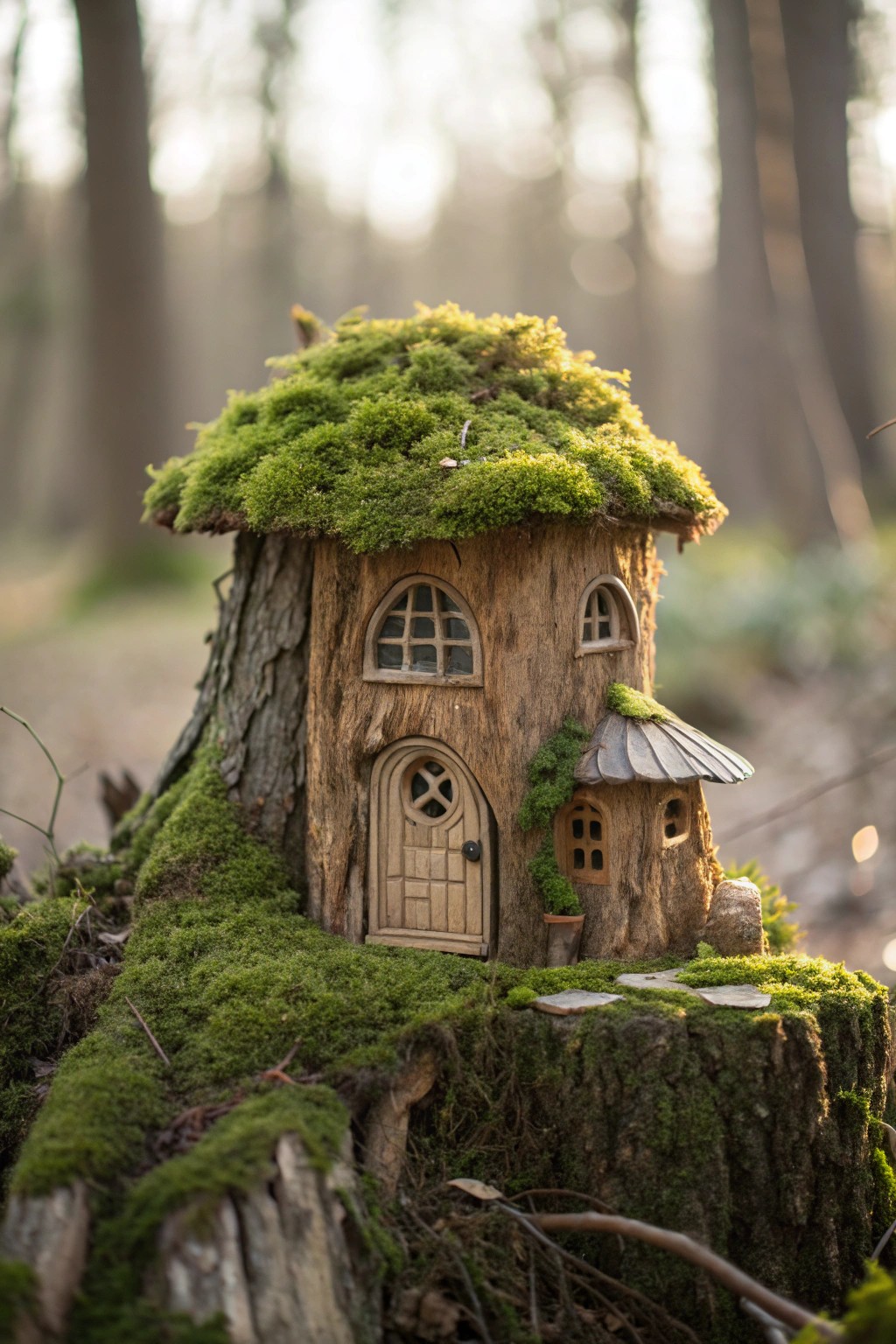 A mossy tree stump cottage—simple, magical, and handmade for fairies.
