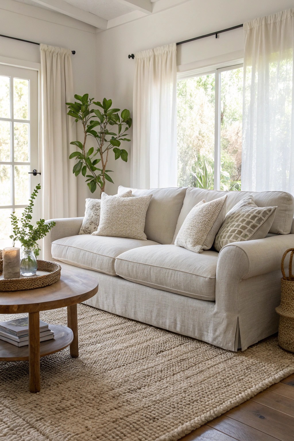 A cozy linen sofa at the heart of connection—where family gathers, comfort leads.