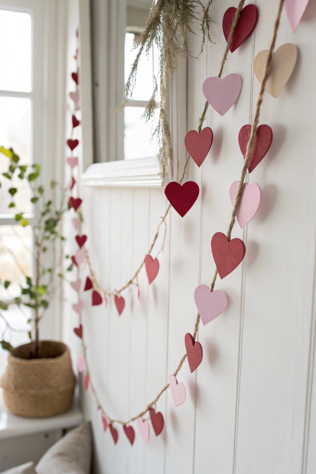 Handcrafted heart garland—Scandi simplicity meets Galentine’s charm.