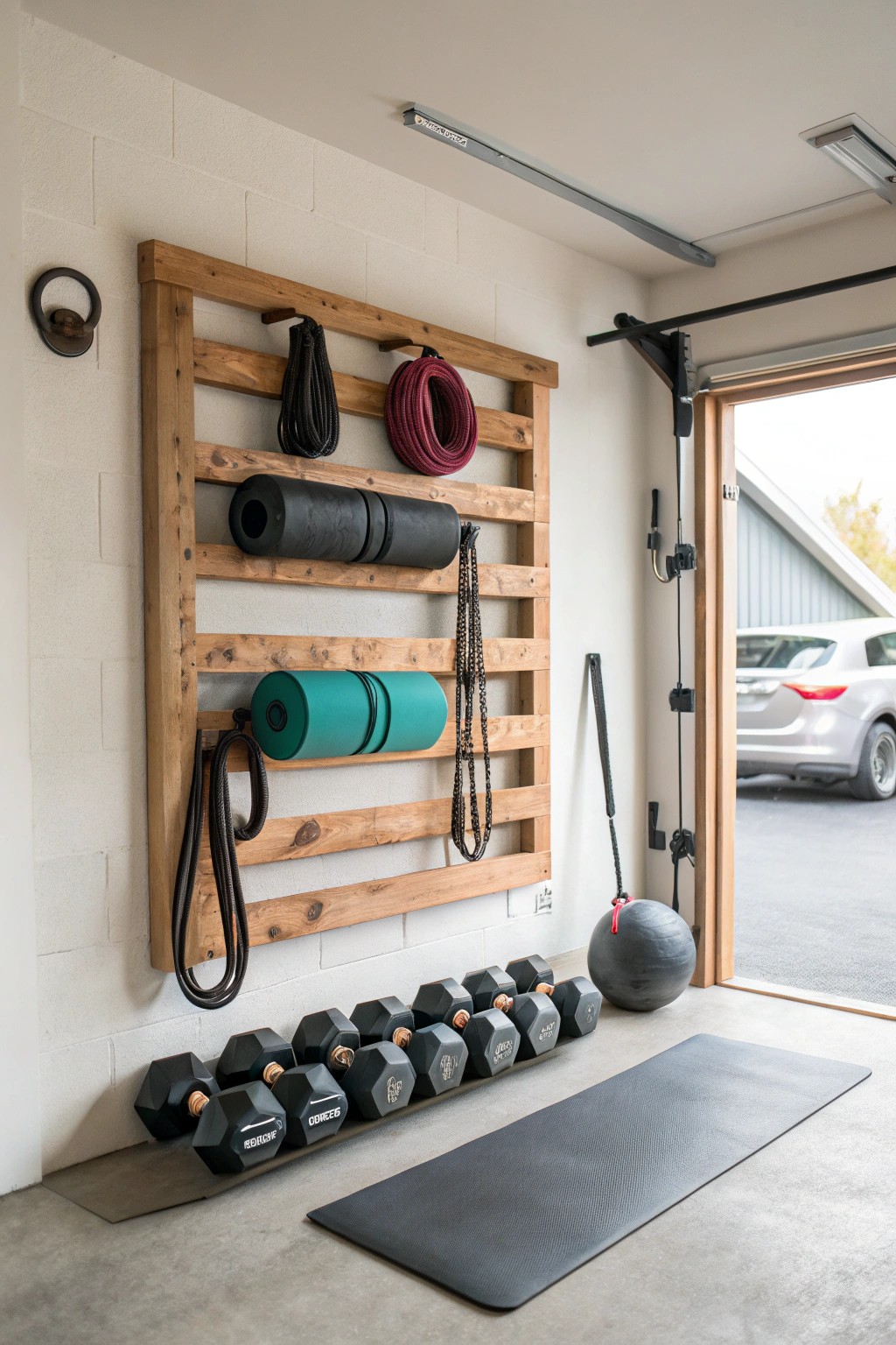 Elevate your garage gym with handcrafted wall storage—where function meets natural beauty.