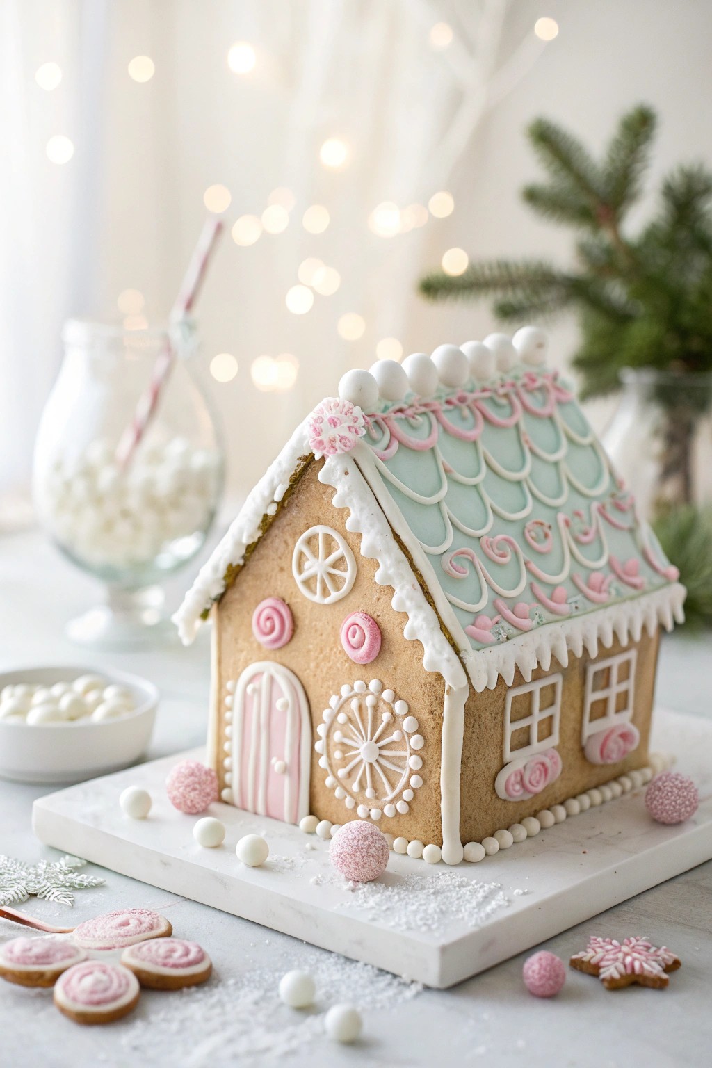 Scandi-minimalist gingerbread magic: a timeless candy cottage with a touch of whimsy.