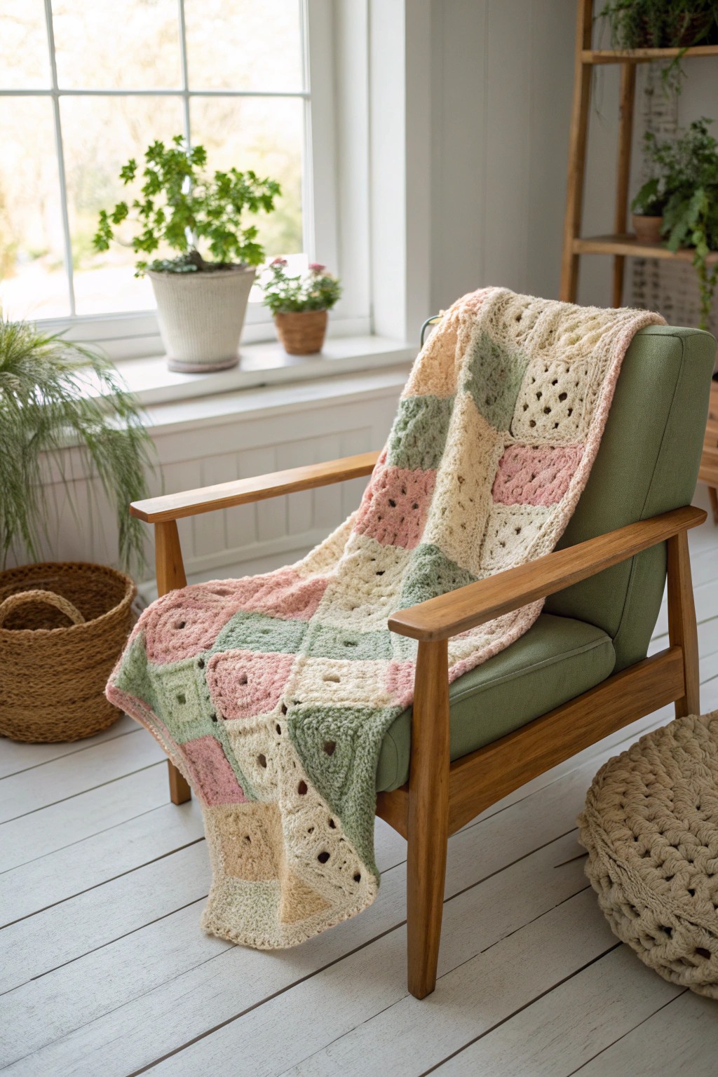 Cozy up in style: a handcrafted granny square blanket brings timeless charm to any minimalist space.
