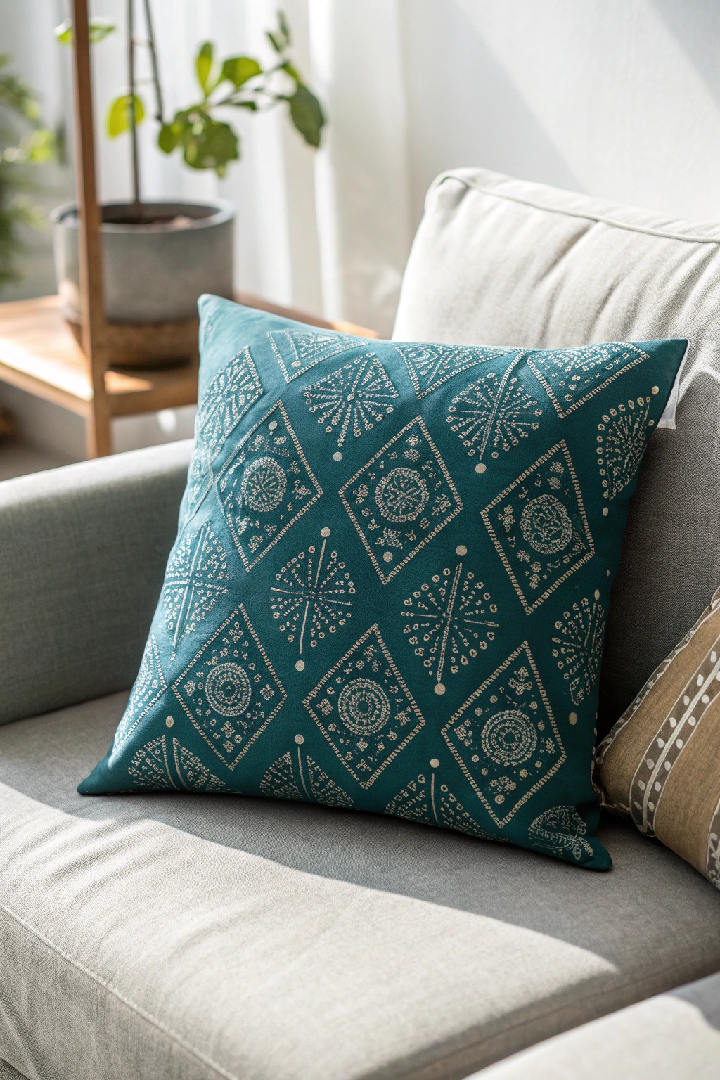 Elevate your grey couch with a bold, artisan accent pillow—simple, stunning, and full of personality.