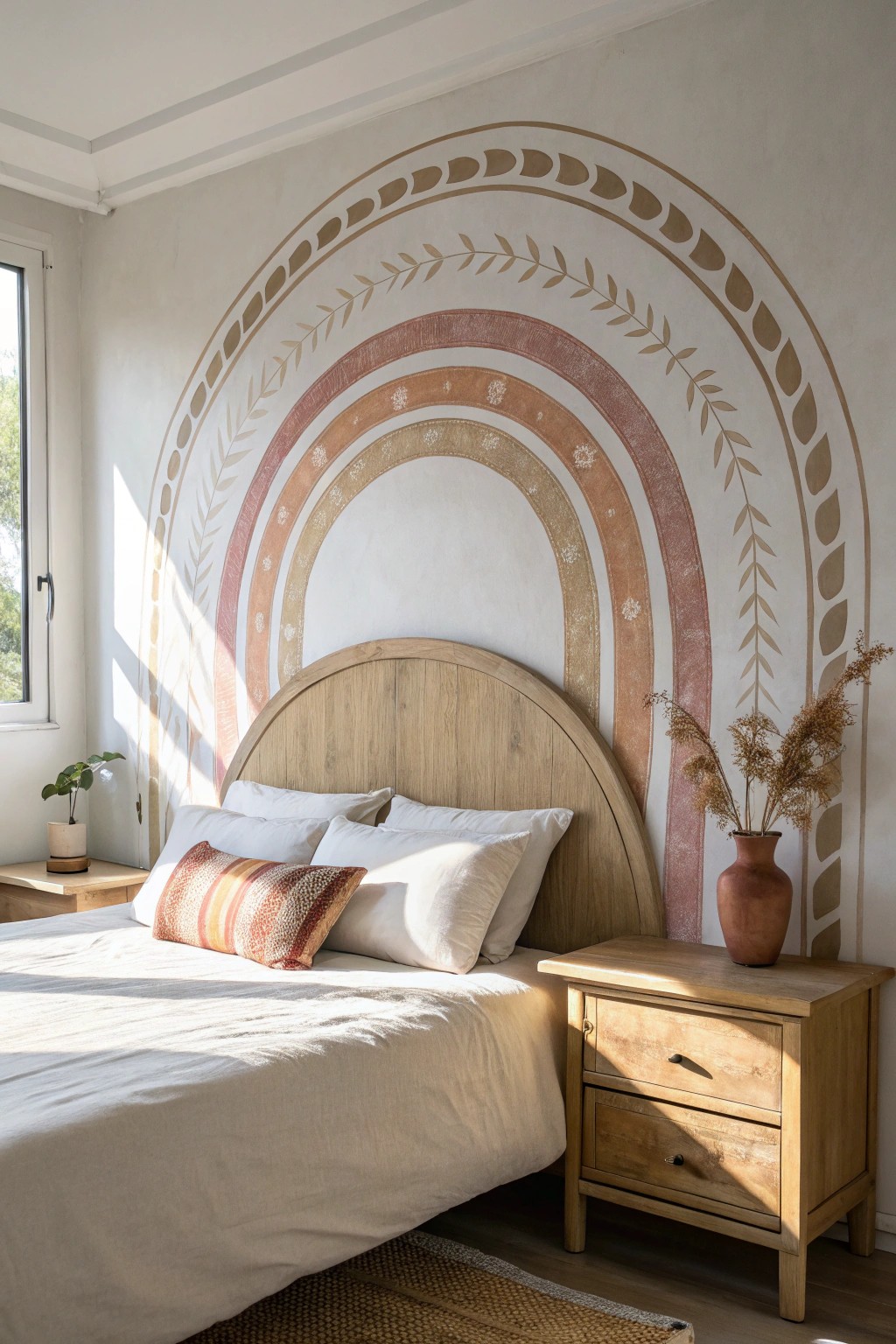 Elevate your bedroom with a hand-painted arch mural headboard—where simplicity meets artisan charm.