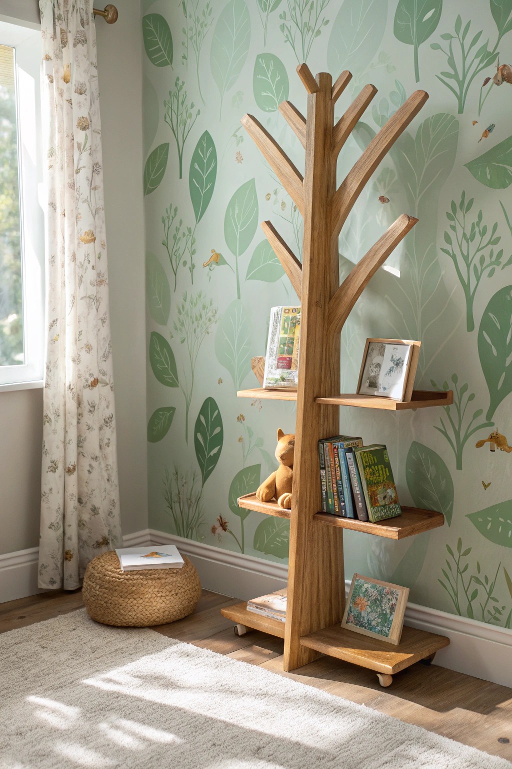 A handcrafted wooden tree bookshelf brings natural charm to a cozy kids' retreat.