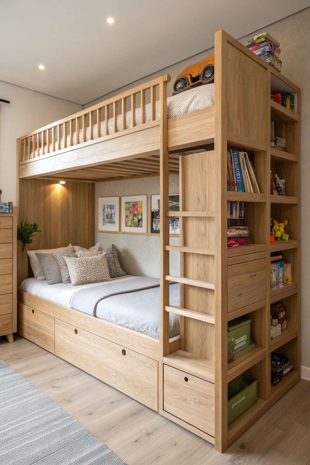 Smart storage meets timeless style: a serene kids’ bunk bed with built-in drawers and shelves.