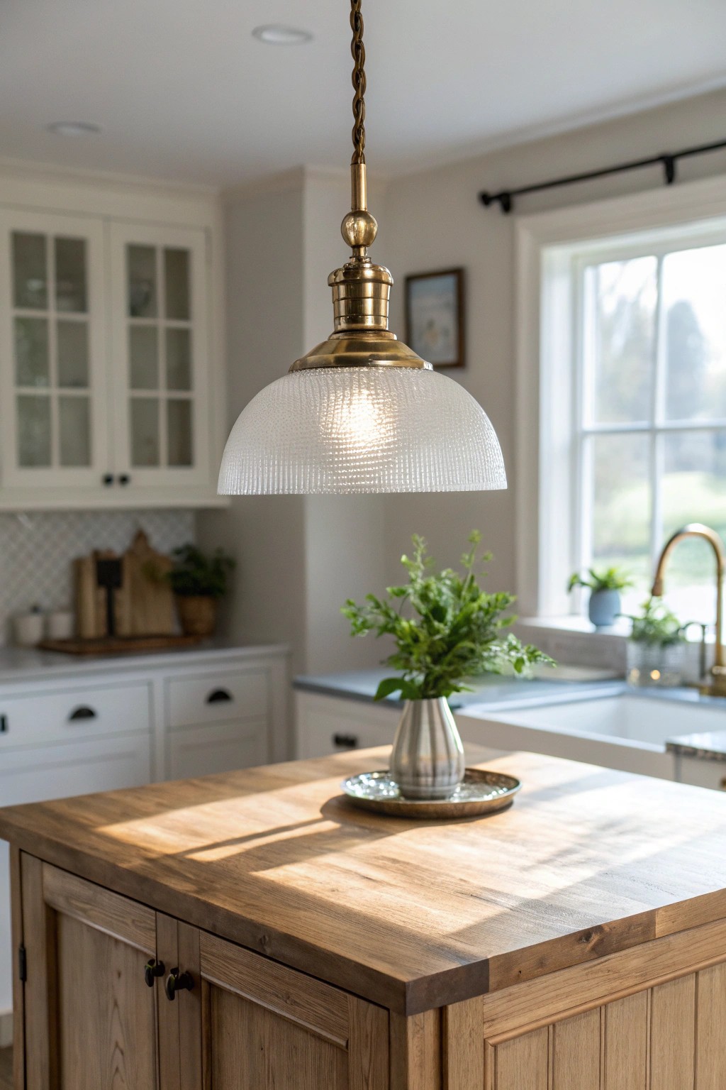 Timeless elegance: classic pendant lighting above a beautifully crafted kitchen island.