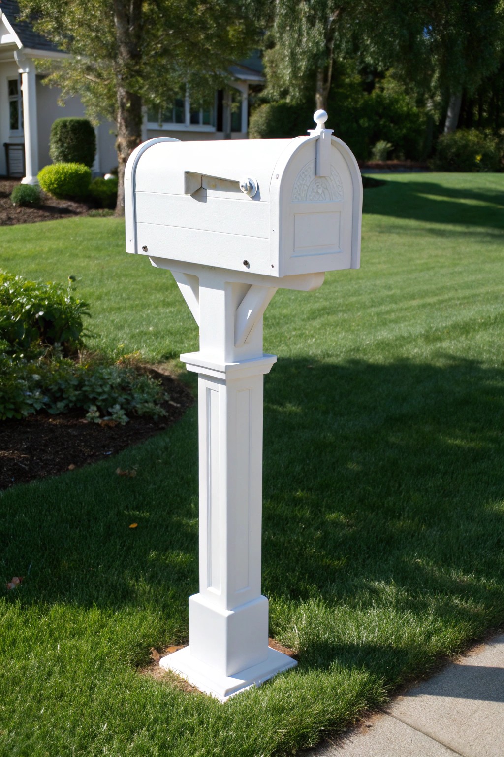 Timeless charm: a classic white wooden mailbox post for understated curb appeal.