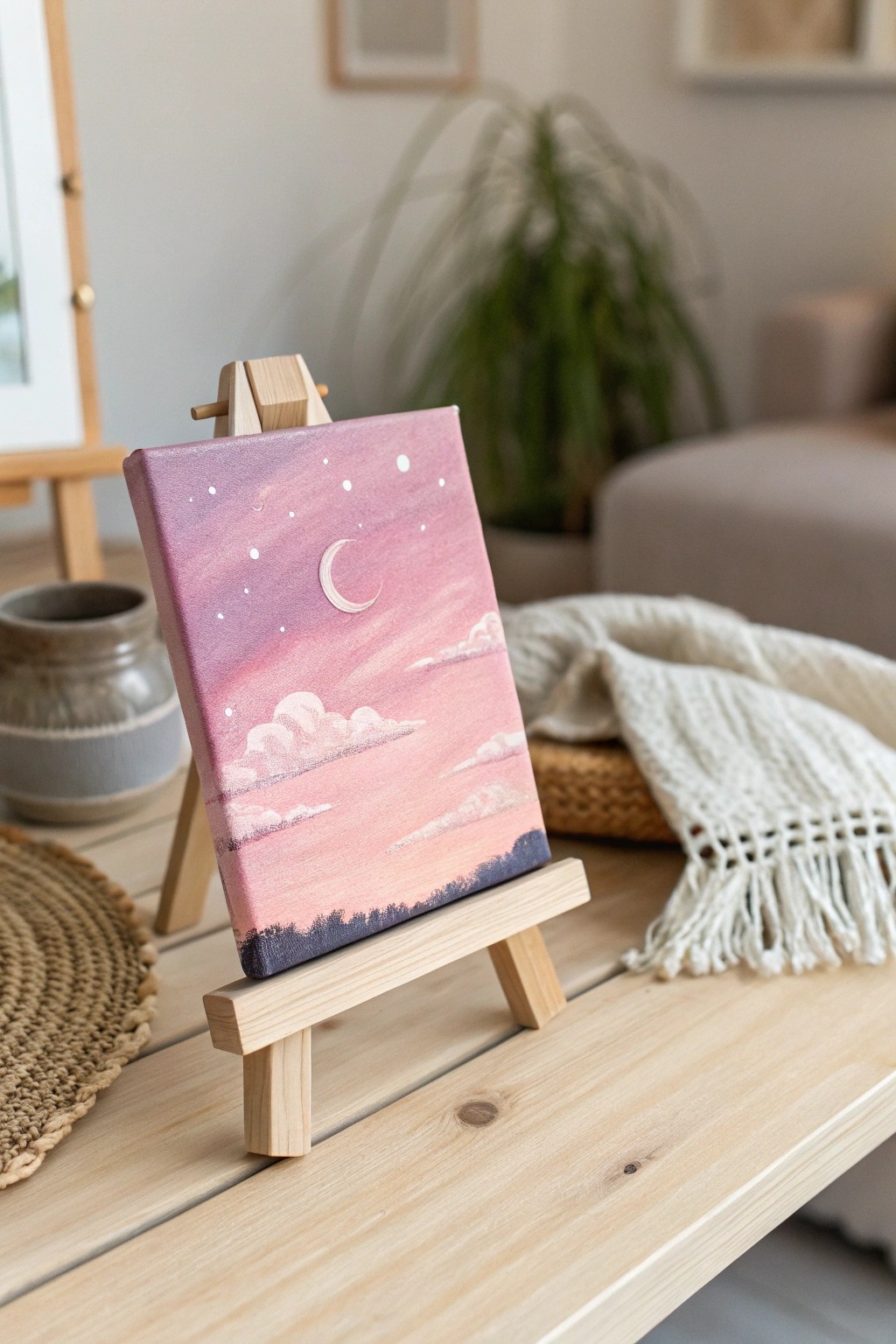 A dreamy pink sky with a glowing moon—mini canvas magic for your cozy corners.