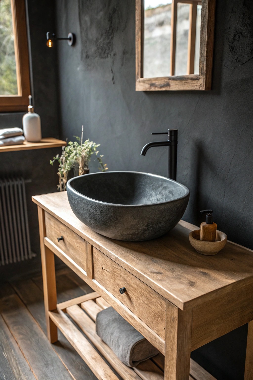 Moody minimalism: a charcoal sanctuary for your bathroom retreat.