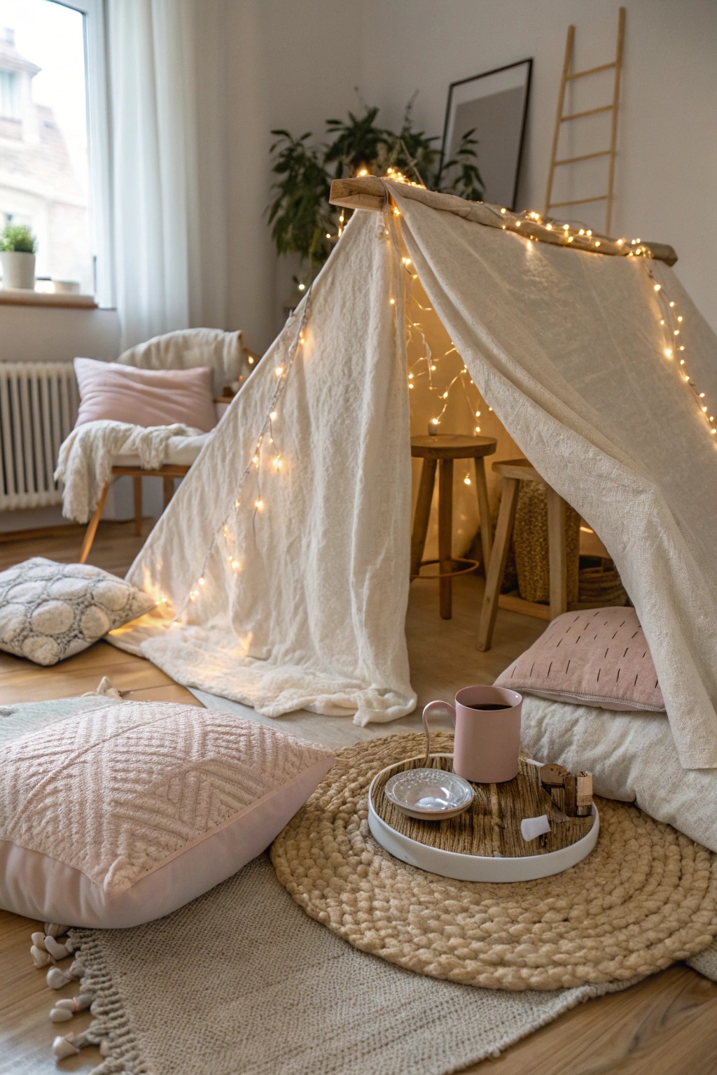 Cozy up in a handcrafted blanket fort for a magical movie night.