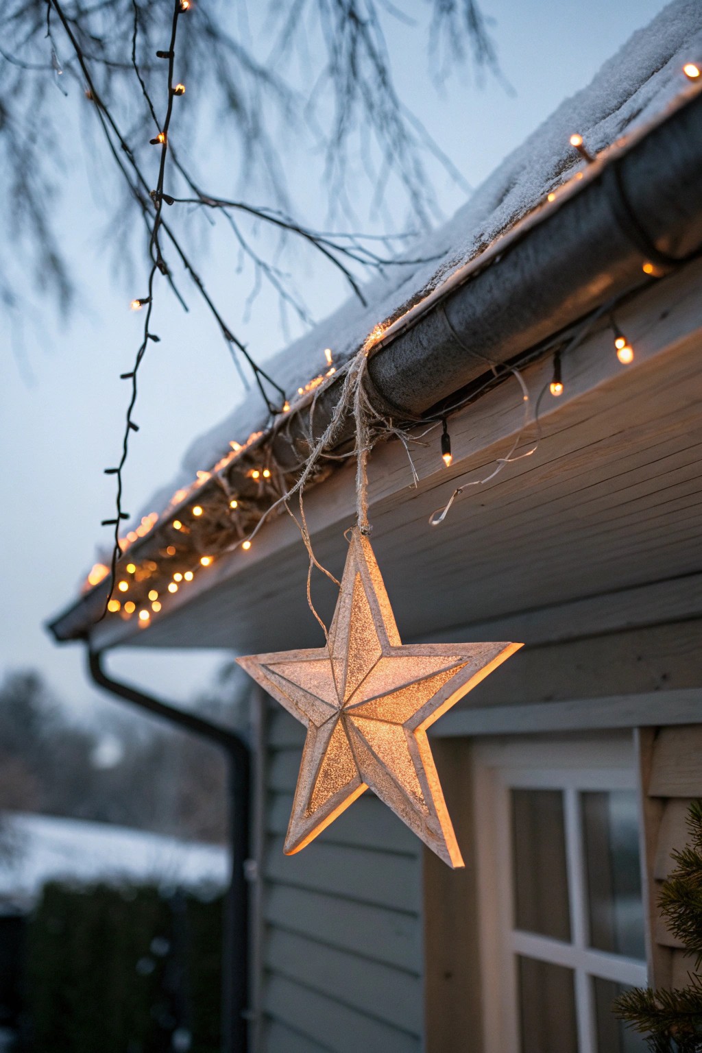 A handcrafted wooden star shines bright along a classic string-lit roofline—simple, timeless holiday magic.