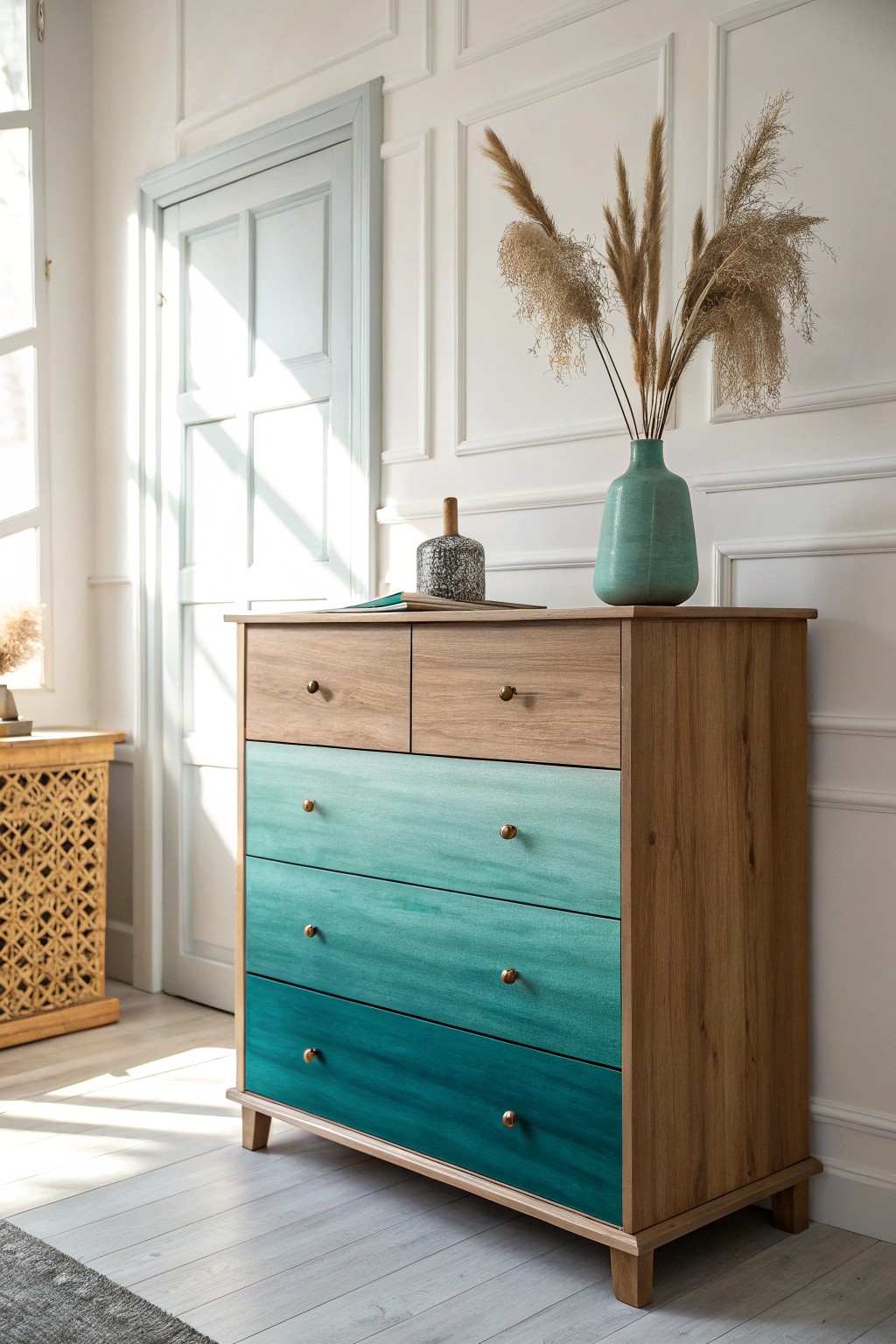 Bring a playful twist to your space with a handcrafted ombre dresser in dreamy teal tones.