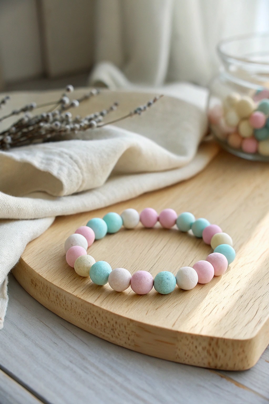 Dreamy pastel clay bead bracelet—Scandi minimalism meets preppy spring vibes.