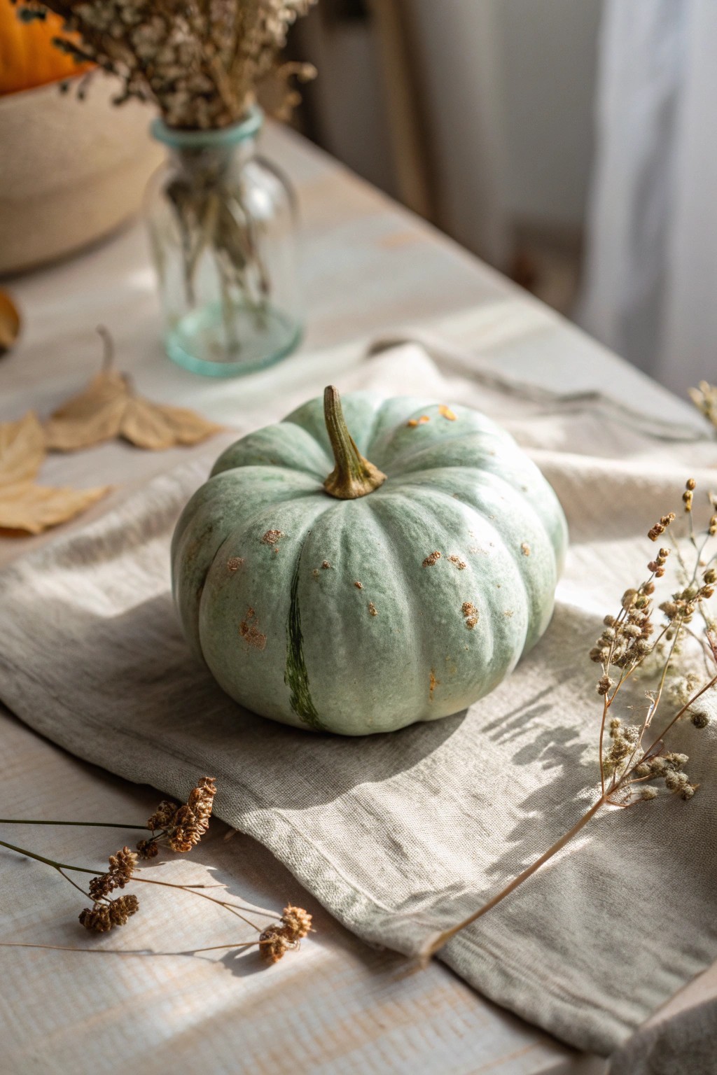Chalk-painted heirloom pumpkin: effortless autumn elegance in soft, cozy hues.