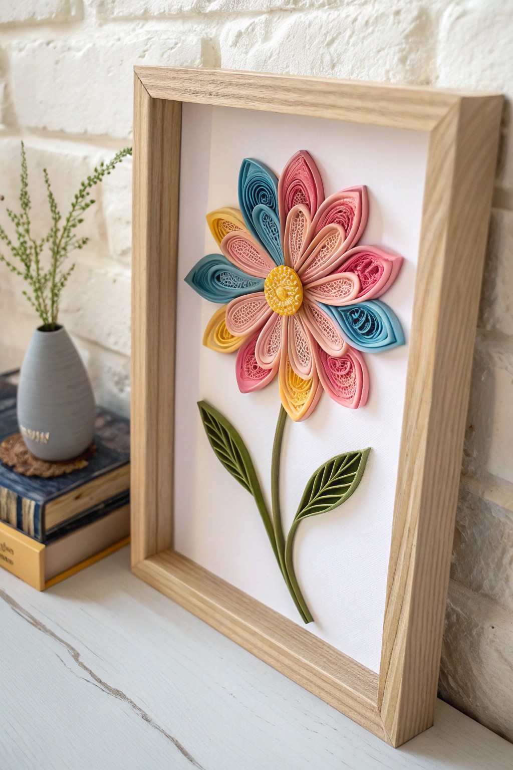 Bursting with color: a handcrafted quilled flower brings Scandinavian charm and cheerful elegance to your space.