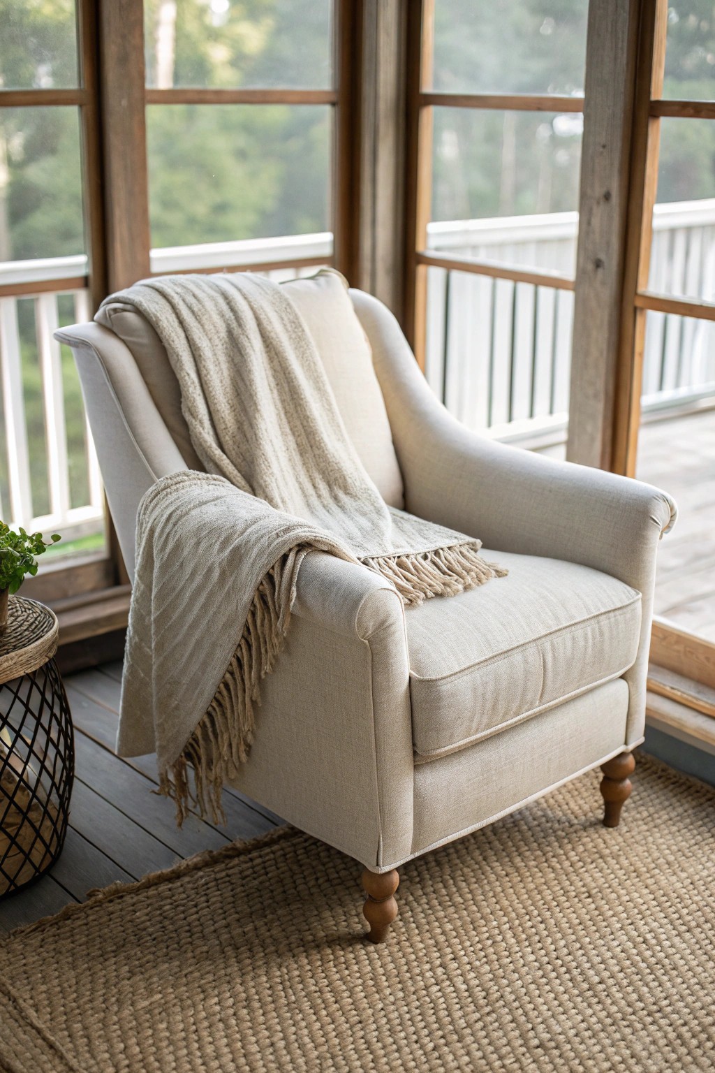 A serene porch retreat: plush comfort meets natural beauty.