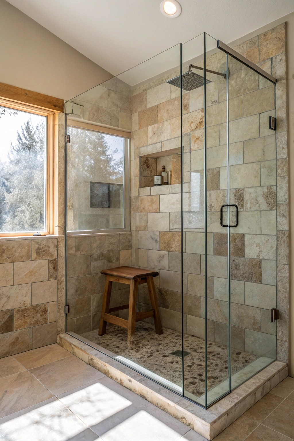 Maximize your small bathroom with a minimalist corner walk-in shower—where simplicity meets natural beauty.