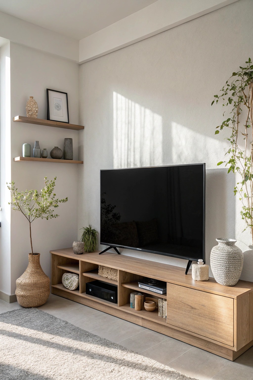 Elevate your space: Wall-mounted TV for a clean, spacious living room.