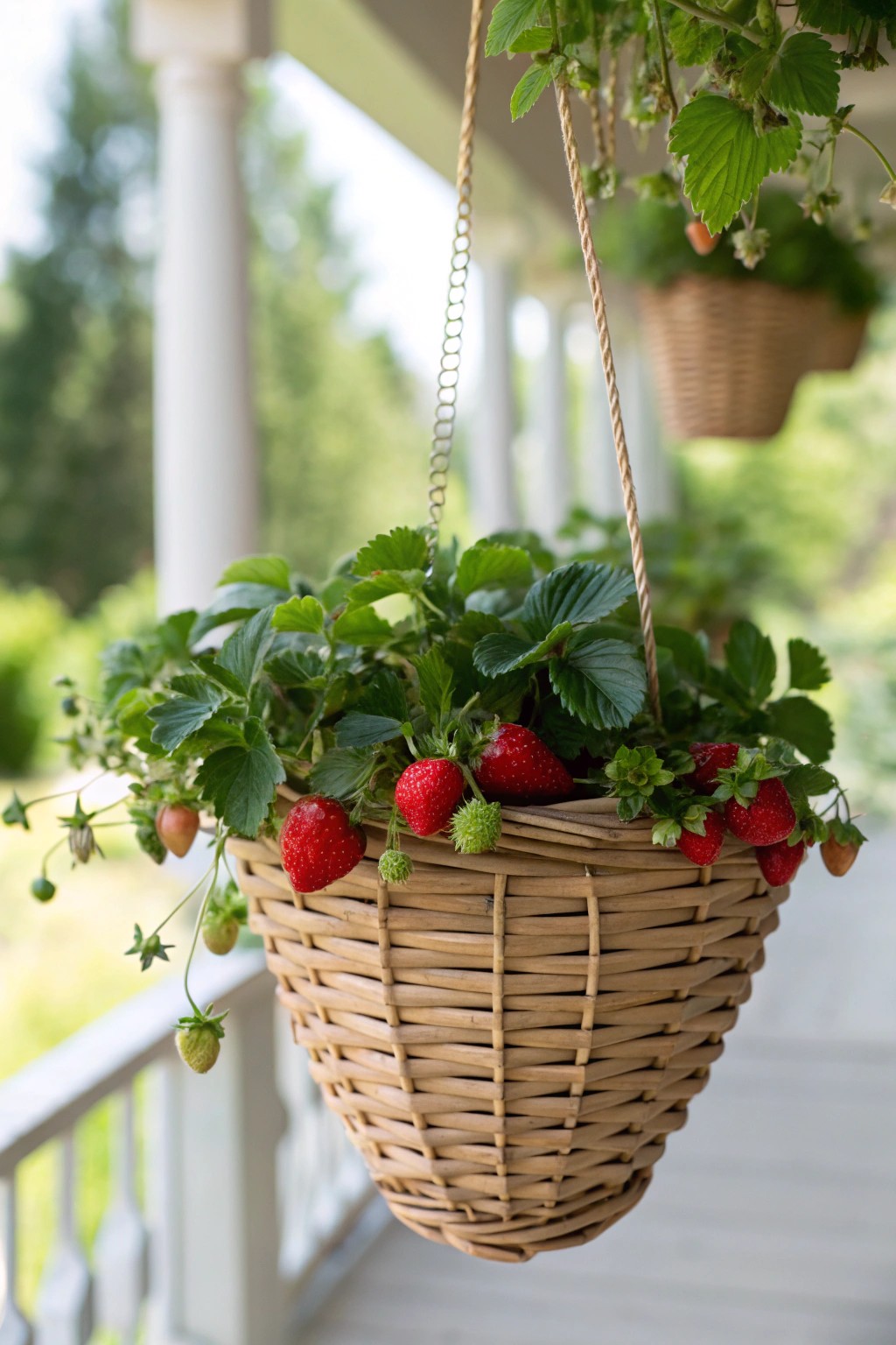 Chic simplicity: Handwoven hanging basket overflowing with homegrown strawberries.