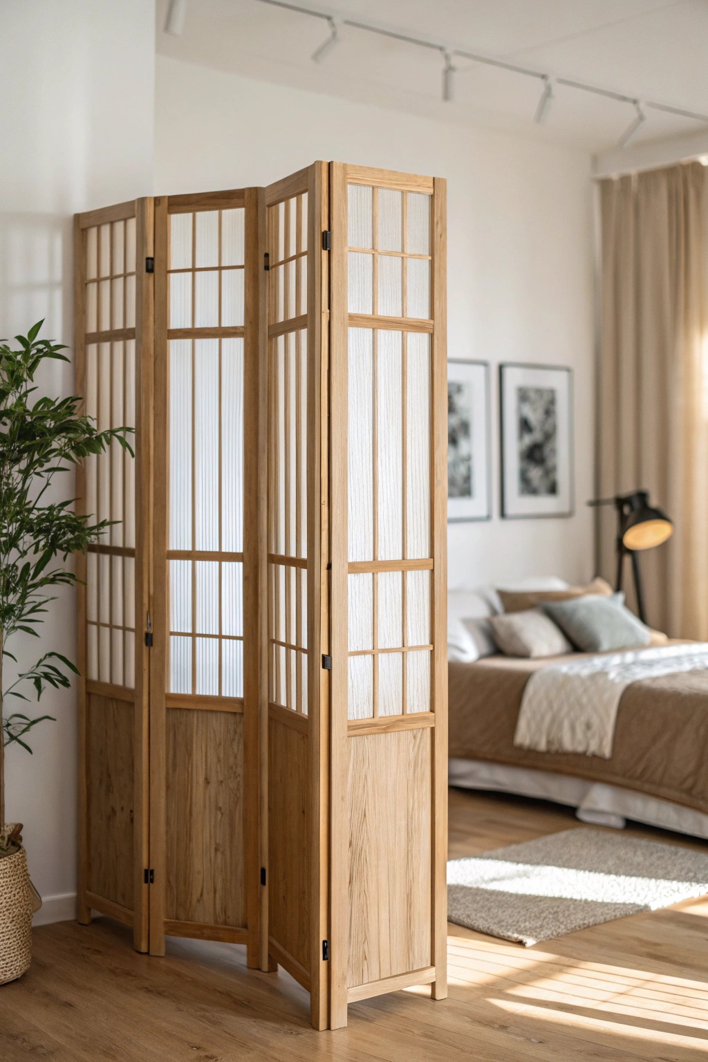 A simple wooden divider brings elegance and openness to your studio layout.