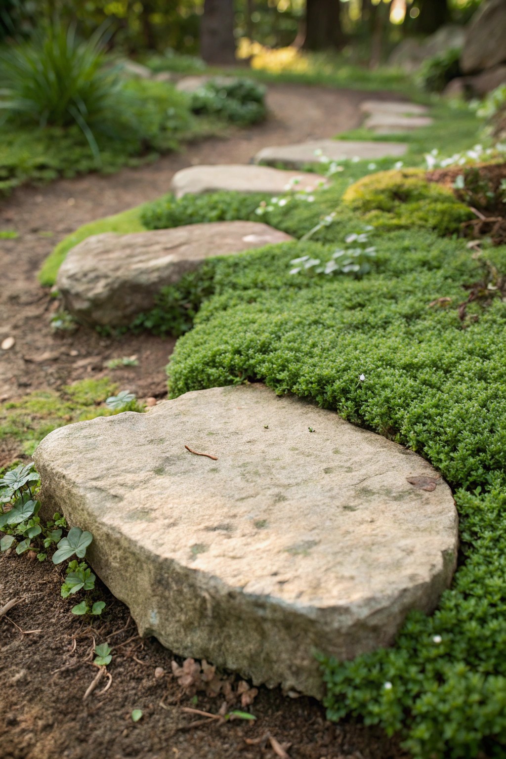 Simple elegance: A single natural stone stepping stone embraced by lush green thyme and moss.
