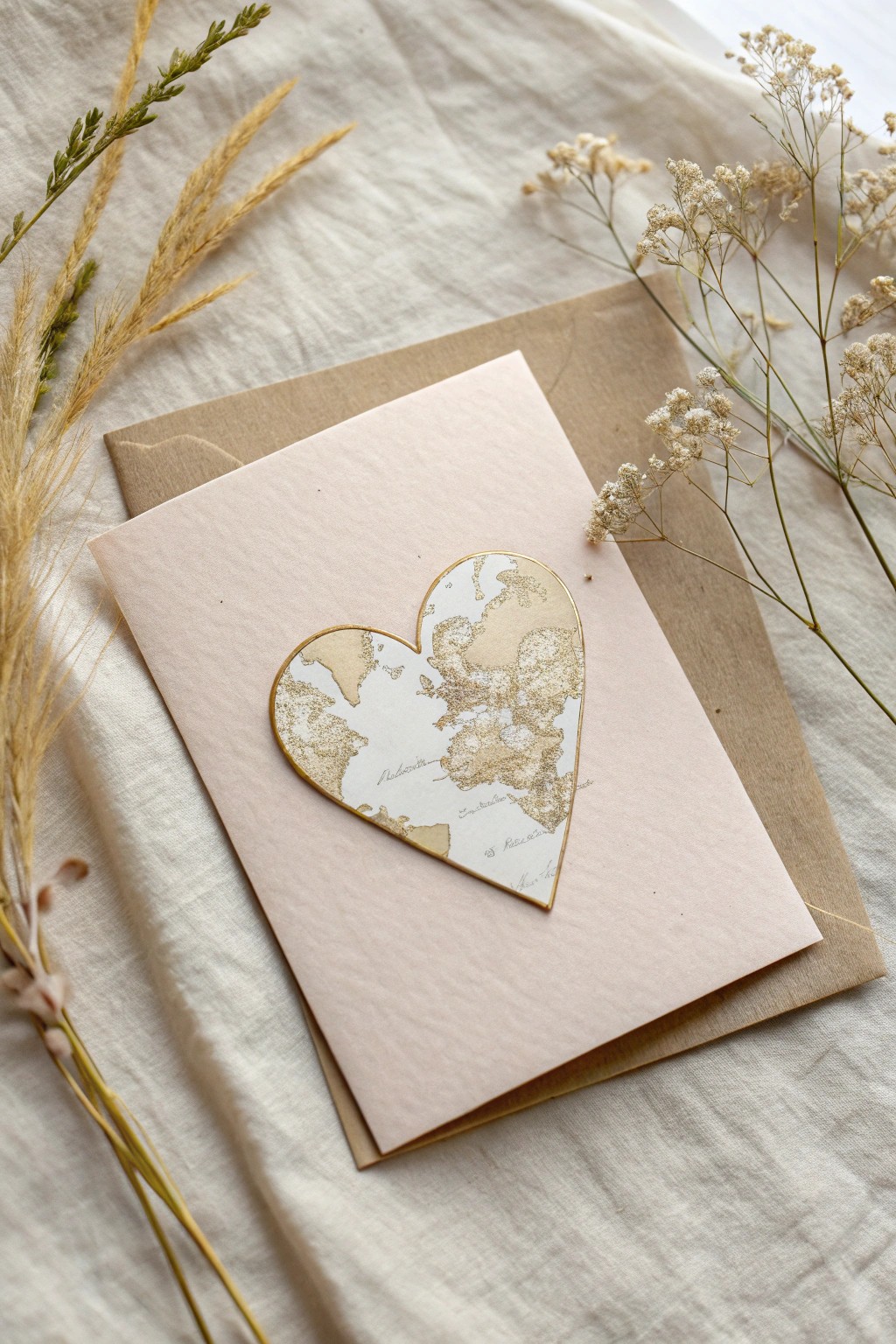 Capture your love story with a heart-shaped map on a handcrafted anniversary card.