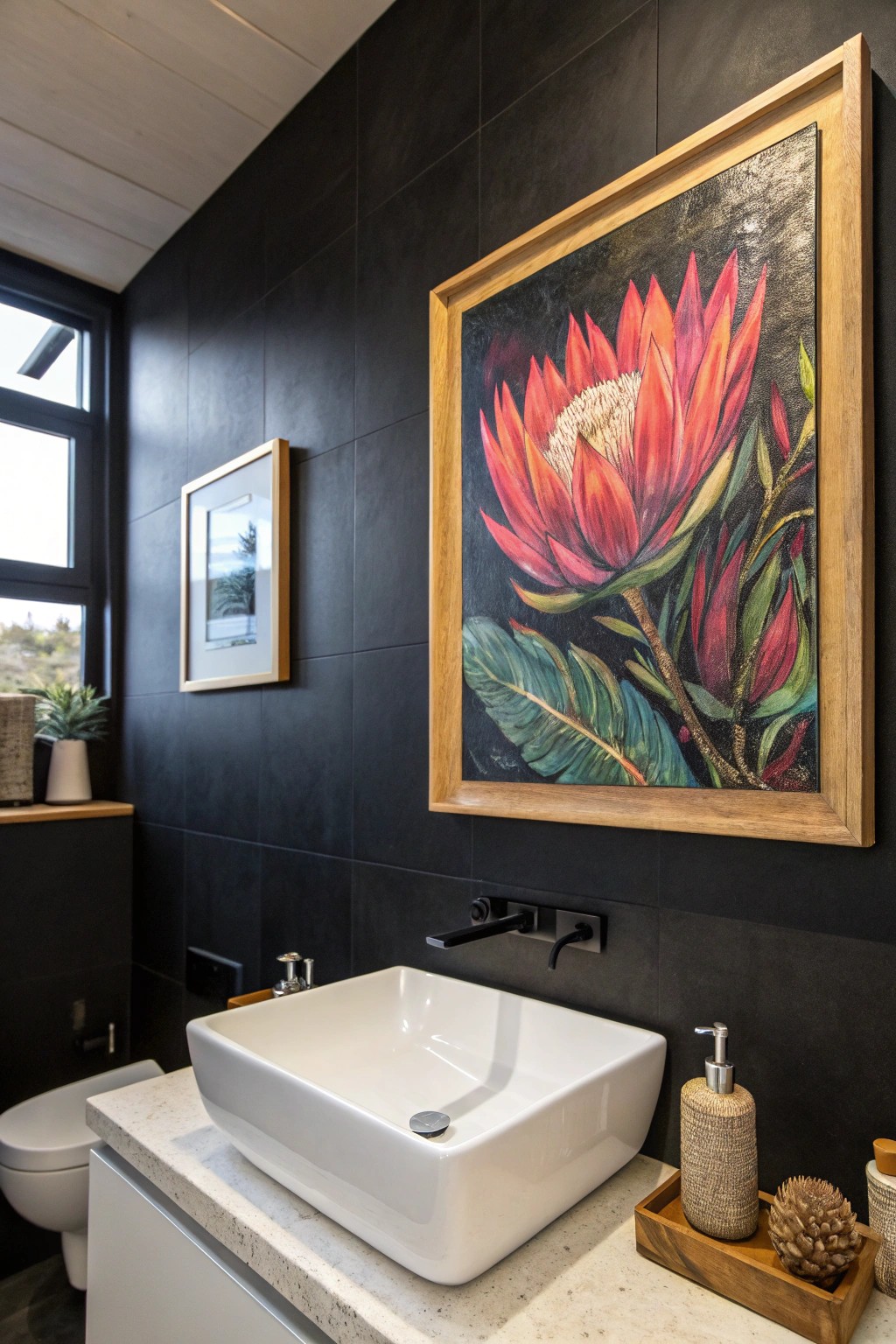 Make a bold statement: transform your black bathroom wall into a stunning private art gallery.