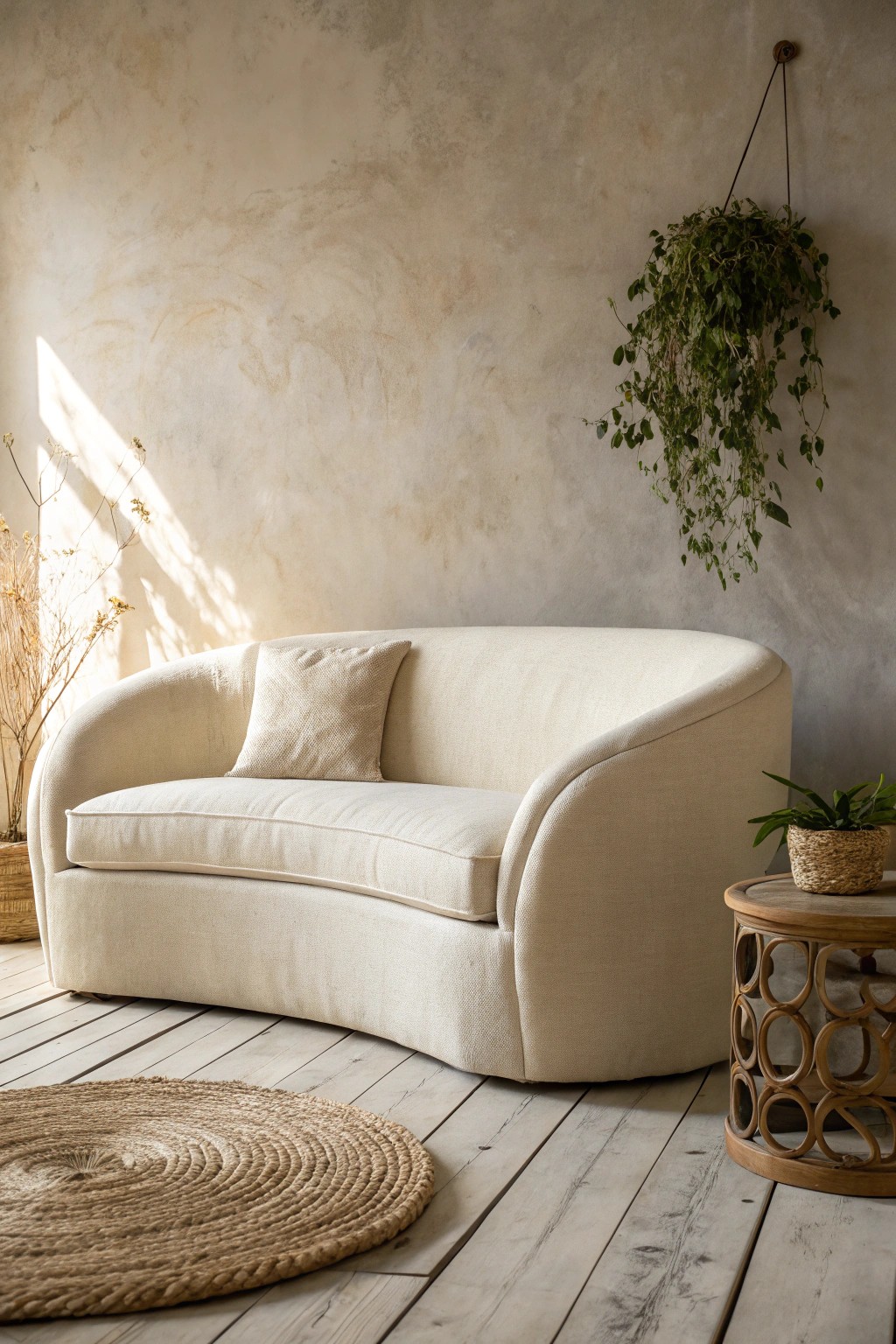 Embrace organic curves for a soft, inviting boho living space.